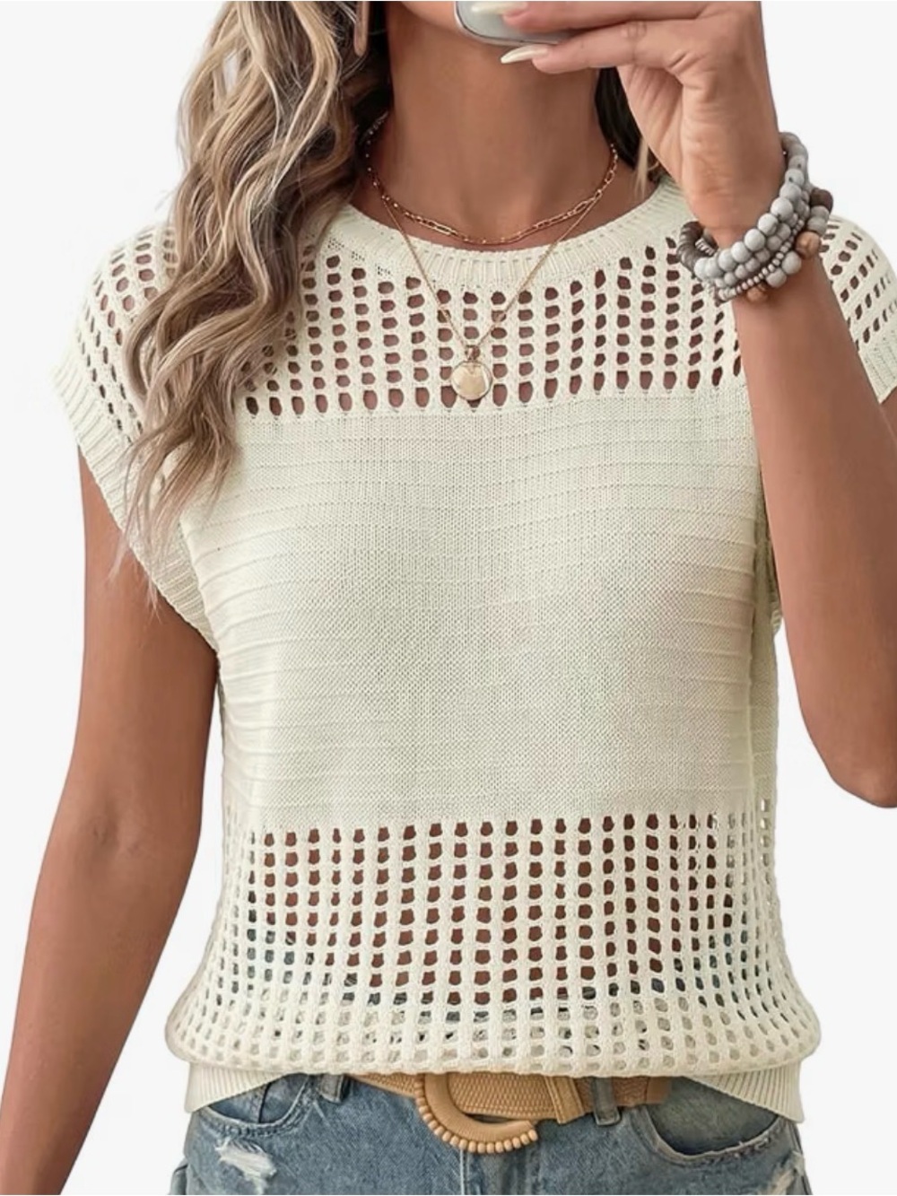 Women's Cream Open-Knit Sleeveless Tank Top by